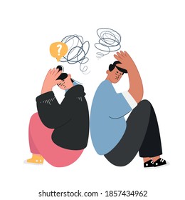 The girl and the guy sit with their backs to each other and are very sad. Psychological problems in adolescence. Adaptation and development of adolescents. Vector illustration