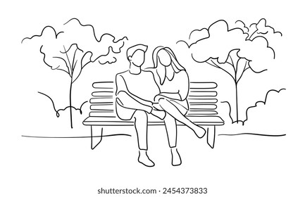 Girl and guy sitting on a bench park line art isolated on white background. Summer line art drawing. Vector illustration