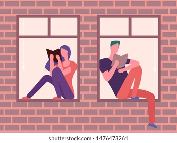 Girl and guy sitting on the windowsill and reading, vector illustration. People read book in window frame