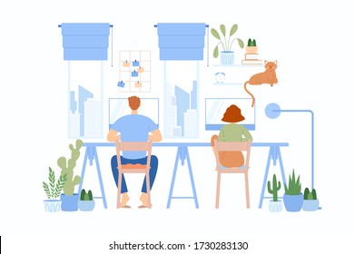 Das Mädchen mit dem Typen, der am selben Tisch sitzt und arbeitet. Freelancer Charakter arbeitet zu Hause. Vector Illustration in einem flachen Stil. 
