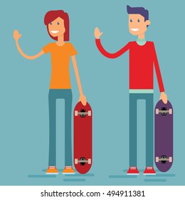 Girl and guy with skateboards, flat design