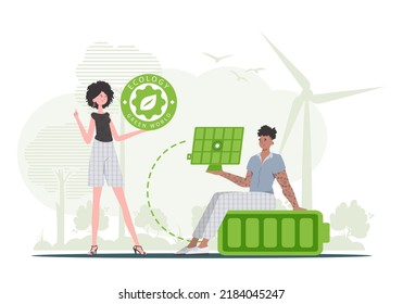 A girl and a guy and a solar panel. Eco energy concept. Vector.