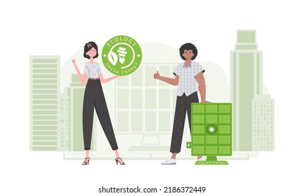 A girl and a guy and a solar panel. Eco energy concept. Vector illustration.