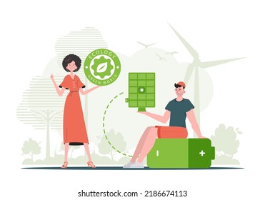 A girl and a guy and a solar panel. Eco energy concept. Vector illustration.