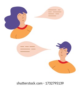 Girl and Guy with Speech Bubble. Thoughts in a head, chatting. Speech cloud. People speaks. Flat vector illustration