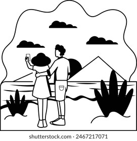 Girl and guy spend vacation vector design Nature and landscape postcard, Scenic Summer Season Vibes Sign, Idyllic Remote Beach stock illustration, Couple taking selfie while traveling concept