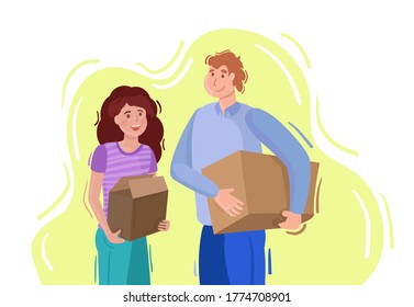 Una chica y un tipo están parados con cajas en sus manos. La joven pareja feliz se está mudando. Ilustración vectorial de calentamiento de la casa.