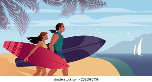 Girl and guy with surfboards on the sea beach. Vector illustration for landing page mockup or flat design advertising banner.