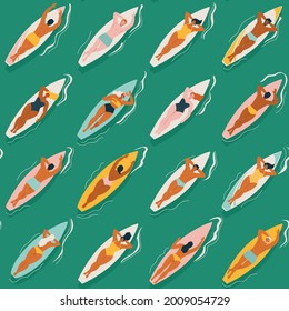 Girl and guy surfer in a bikini seamless pattern in vector. Illustration of the flat style. Summer beach surfing illustrations. Longboard surfing.