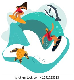 a girl and a guy are surfing on the waves, a big turtle and dolphins are swimming nearby - mom and cub

