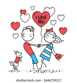 Girl with guy swirl holding hands. Happy guy and girl are dancing. Little dog dancing nearby.Valentines Day illustration. Valentines Day card. Couple in love. Simple characters