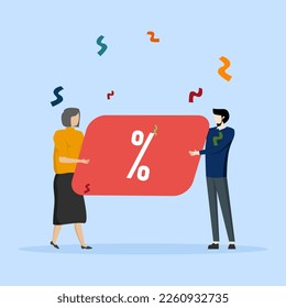 Girl and guy take a discount card. Discounts, holiday, benefit. Flat illustration Icons infographics. Landing page site print poster.
