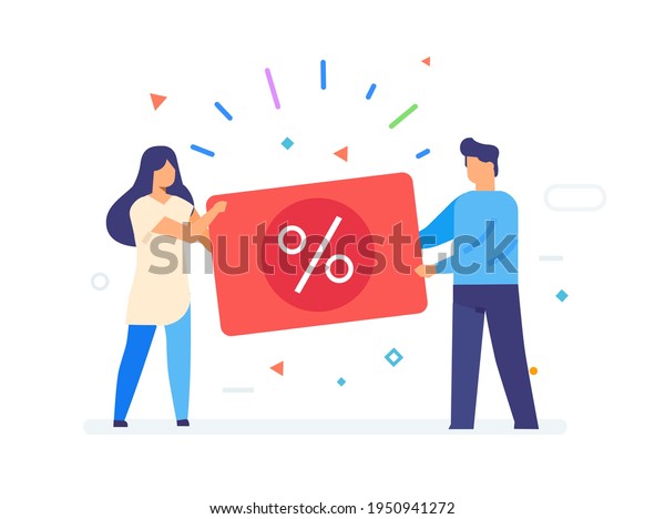 Girl and guy take a discount card. Discounts,\
holiday, benefit. Flat illustration Icons infographics. Landing\
page site print poster.