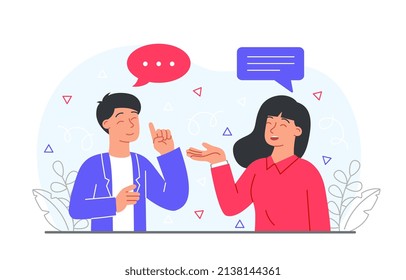 Girl and guy talking. Man and woman discussing news, students or employees on break. Friends share rumors, good relationship and respect. Happy couple or family. Cartoon flat vector illustration