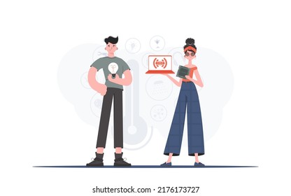 La chica y el tipo son un equipo en el campo de Internet de las cosas. El concepto de Internet de las cosas. Bueno para sitios web y presentaciones. Ilustración vectorial en estilo plano.