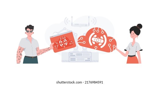 The girl and the guy are a team in the field of Internet of things. Internet of things and automation concept. Good for websites and presentations. Vector illustration.