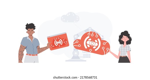 The girl and the guy are a team in the field of Internet of things. Internet of things and automation concept. Good for websites and presentations. Trendy flat style. Vector.