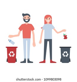 Girl and guy throwing waste to different bins. Waste segregation concept. Vector isolated image