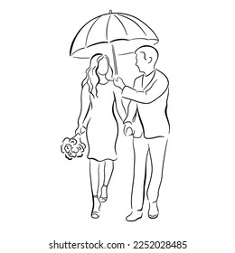 girl and guy under an umbrella with a bouquet of roses, sketch line art. Loving couple, man and woman