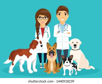 Girl and guy veterinarians, next to the dogs. Care and health of animals. A doctor in scrubs and with a stethoscope. Flat style on blue background. Cartoon.