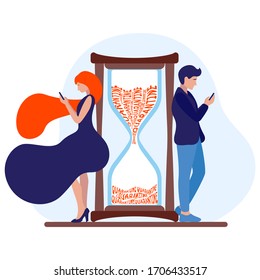 The girl and the guy are waiting for the quarantine to end. Can not wait to see you. Flat illustration of the distance.
