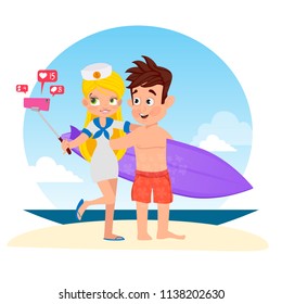 A girl and a guy are walking along the beach. Illustration on a theme of summer holidays and vacations. Surfers.