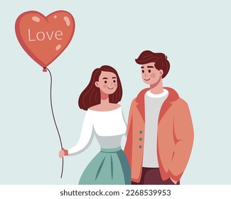 the girl and the guy are walking on a date. girl holds a balloon in the shape of a heart in her hand. first date. flat vector illustration.