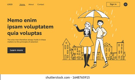 Girl and guy walking with umbrella in rain. Young couple walking with parasol flat vector illustration. Weather, protection, climate concept for banner, website design or landing web page