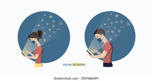 A girl and a guy watch social networks in face masks. They are interested in the latest news on the phone. Learn news about the pandemic.