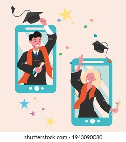 The girl and the guy were educated in an online format, graduation. Distance education. Distance control and antiviral measures. Broadcast via the Internet. Design element, layout, information.