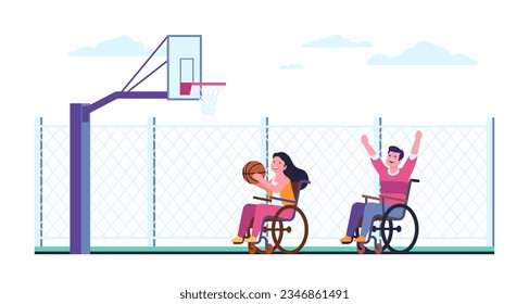 Chica y hombre en sillas de ruedas jugando baloncesto. Campo deportivo al aire libre. Personas discapacitadas lanzando pelota. Feliz paralizado hombre y mujer en el patio de juegos. Jugadores discapacitados