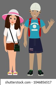 girl with a guy. A girl in a white transparent blouse, in yellow sneakers with medium brown hair and brown eyes, with a hat in her hands. A guy in a blue T-shirt, blue shorts and black sneakers 