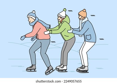 Girl, guys in warm clothes are skating holding each other. Young skaters have fun on ice rink. Winter games. Sport, healthy lifestyle. Vector line art multicolored illustration isolated on blue.