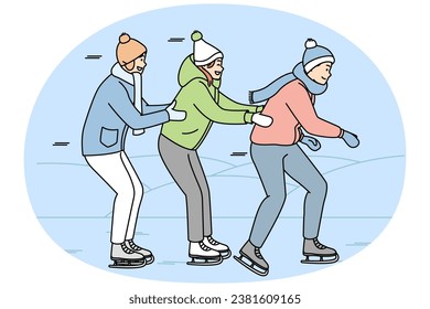 Girl, guys in warm clothes are skating holding each other. Young skaters have fun on ice rink. Winter games. Sport, healthy lifestyle. Vector line art multicolored illustration isolated on blue.