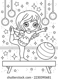 Girl in the gym. Coloring book with a girl gymnast. Sport. Black and white vector illustration.