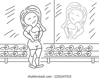 Girl in the gym. Hand drawing. Crossfit, fitness. Doodle style.