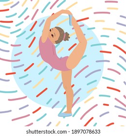 Girl gymnast, acrobatic pose, split, holds her leg over her head. Vector banner design, illustration with character. Vector drawing in cartoon style