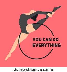 La bailarina deportista de gimnasta realiza un ejercicio acrobático. La mujer está discapacitada con una prótesis mecánica. Juegos paralímpicos. Logo para el estudio de fitness con texto motivador.
 Estilo moderno y plano.