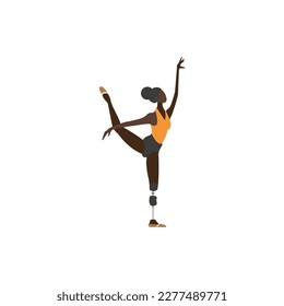 Girl gymnast athlete dancer performs an acrobatic exercise. The woman is disabled with a mechanical prosthesis.