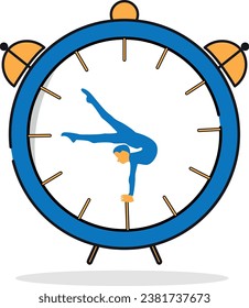 A girl gymnast balances in a hand stand on the face of a clock illustration