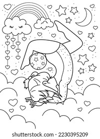 Girl gymnast with a ball. Coloring book with a girl gymnast. Sport. Black and white vector illustration.