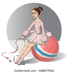 Girl gymnast (ballerina, dancer) with a ribbon in her hands, sits on a large ball for training. Cartoon character. Banner concept for web design. Vector graphic, EPS 10.