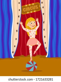 Girl gymnast in a beautiful multi-colored suit with circles stands on a colorful ball. Performance in the circus. Cartoon vector illustration