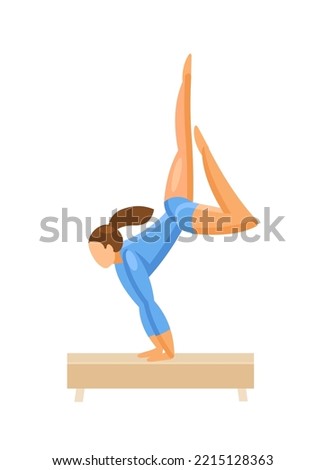 Girl gymnast in a blue suit on a balance beam. Gymnastics. Vector flat illustration isolated on white background