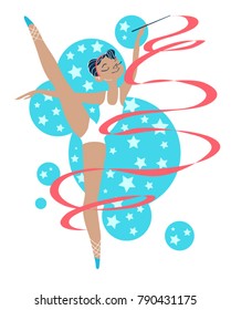 Girl gymnast dancing with a red ribbon on a starry background. Cute cartoon card whit pretty girl. Ballerina in a white swimsuit. Young beautiful dancer in tights and ballet shoes