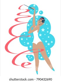 Girl gymnast dancing with a red ribbon on a starry background. Cute cartoon card whit pretty girl. Ballerina in a white swimsuit. Young beautiful dancer in tights and ballet shoes
