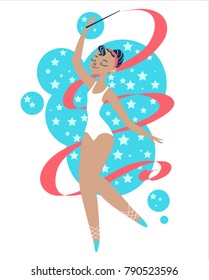 Girl gymnast dancing with a red ribbon on a starry background. Cute cartoon card whit pretty girl. Ballerina in a white swimsuit.Young beautiful dancer in tights and ballet shoes. Vector illustration.