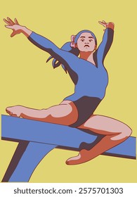 Girl gymnast doing exercise on balance beam. Vector illustration.