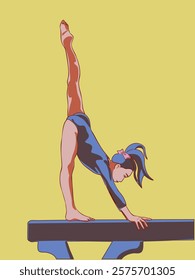 Girl gymnast doing exercise on balance beam. Vector illustration.