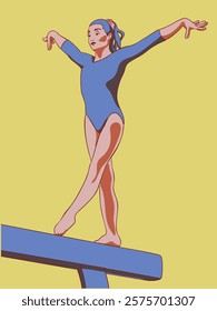 Girl gymnast doing exercise on balance beam. Vector illustration.